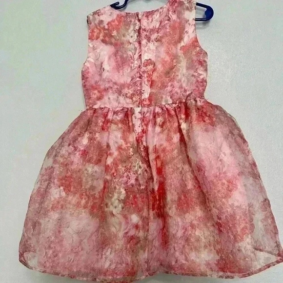 PLACE Girls Dress Size 5 Pink Coral Gold Floral Party Sleeveless Gathered Waist - Picture 2 of 5